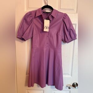 Zara Lavender Faux-Leather Puff Sleeve Midi Dress some stretch